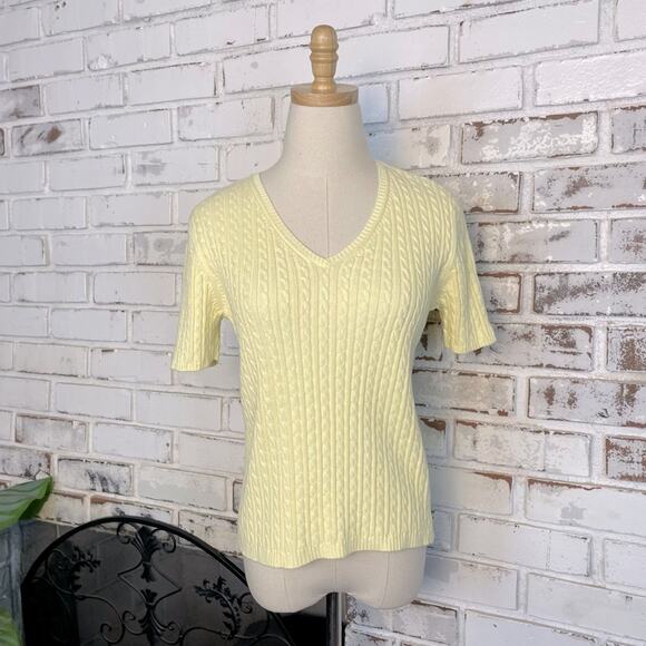 Vintage 90s Y2K Carrol Reed Cable Knit Yellow Short Sleeve V-neck Sweater - Picture 1 of 7